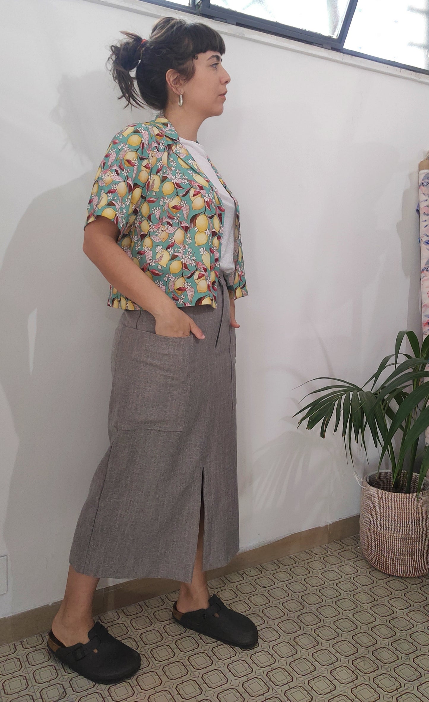 Gonna Dritta in denim grigio/ rosa