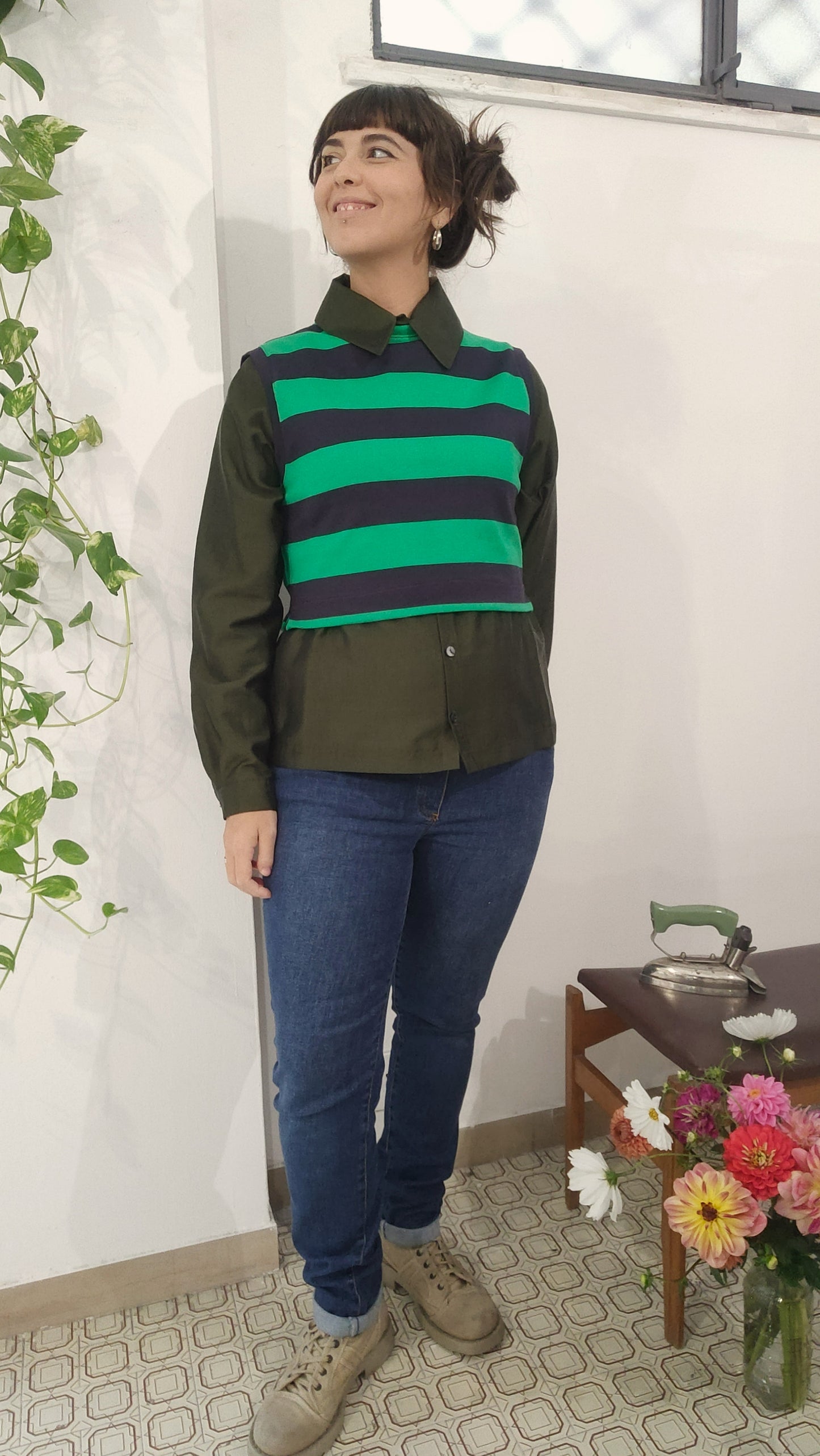 Gilet Mini in felpa di cotone a righe blu navy e verde