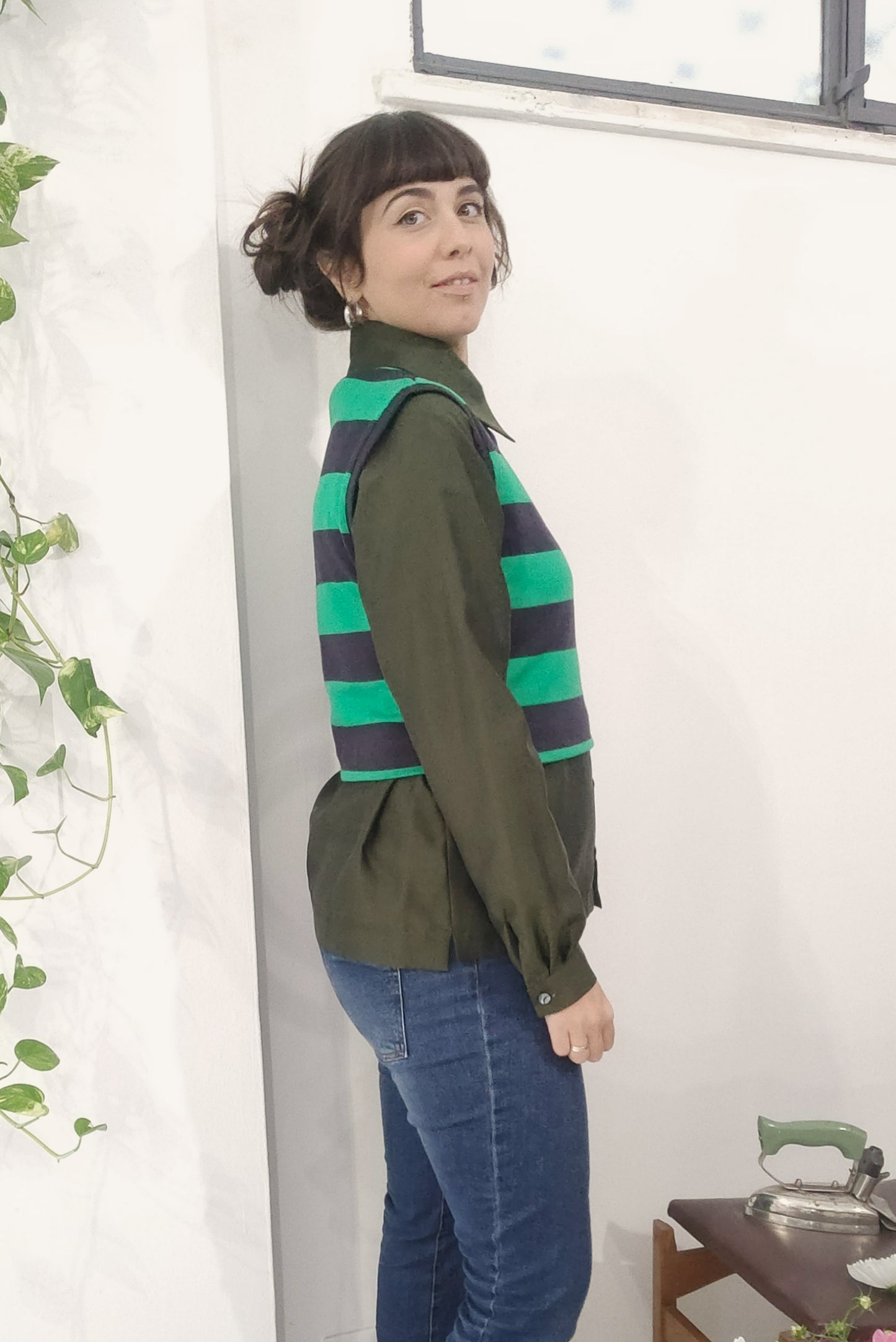 Gilet Mini in felpa di cotone a righe blu navy e verde